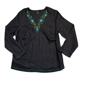 Mandarin Blue Black Embroidered Boho Tunic Top Teal Gold / 1X